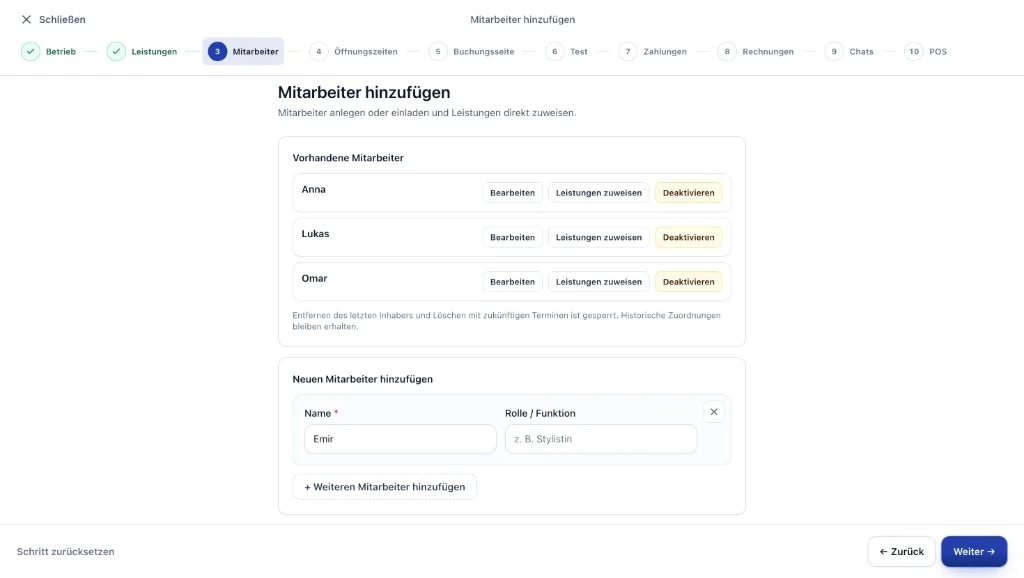 Kelfix Einrichtung Schritt 3: Mitarbeiter hinzufügen und Leistungen zuweisen.