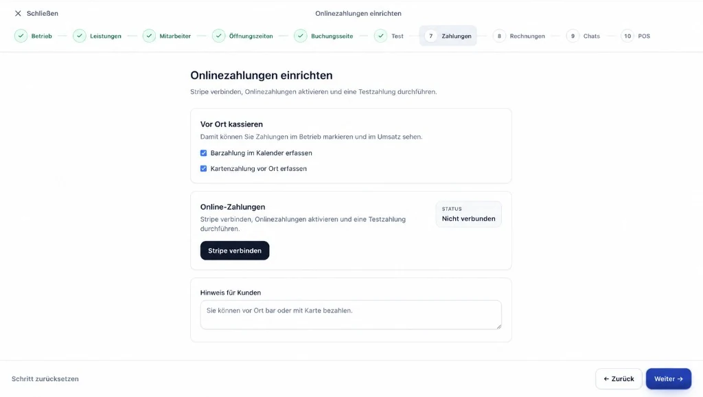Kelfix Einrichtung Schritt 7: Vor-Ort- und Online-Zahlungen vorbereiten.